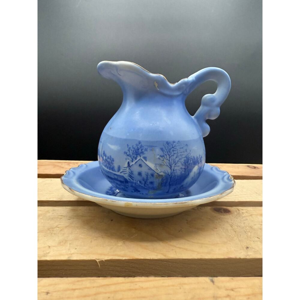 Vintage Currier & Ives “Farmer’s Winter Home” Blue Cream Pitcher/Plate